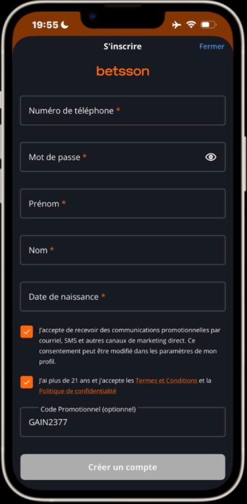 S’inscrire sur betssonapk